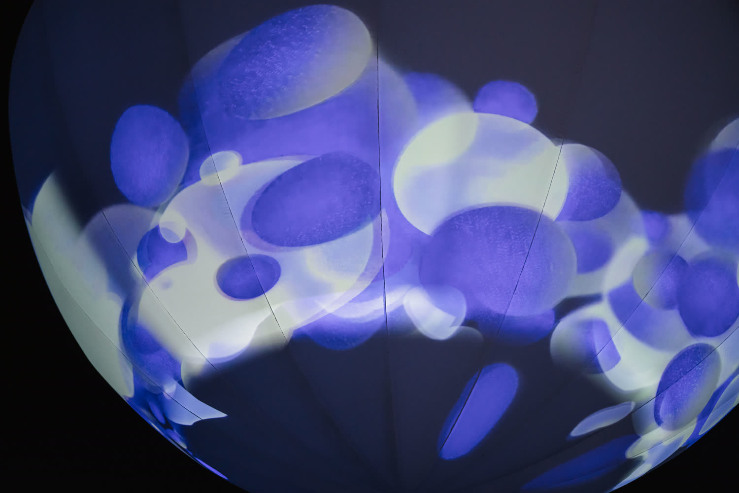 Pale forms drifting densely across the upper half of the sphere.