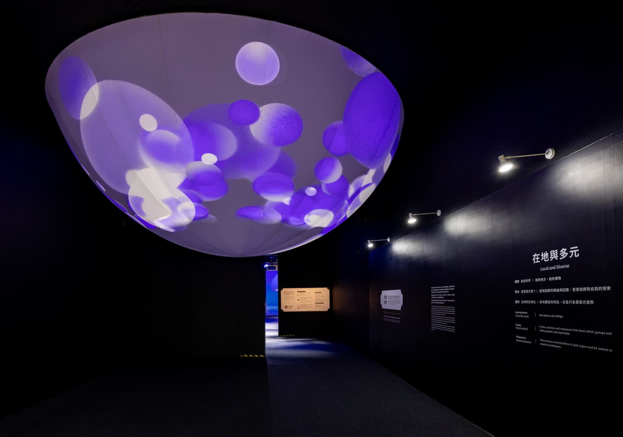 The projection sphere hanging in the dark at the pavilion entrance, carrying drifting violet and white forms, beside a wall reading Local and Diverse.