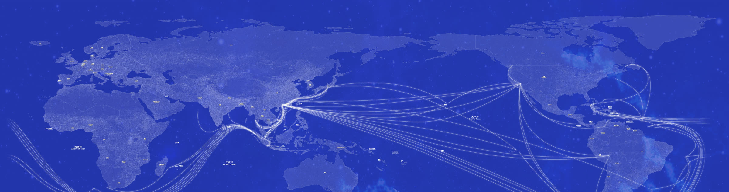 The flat source strip: a world map in blue with migration routes fanning out from Asia across the Pacific and Indian oceans.