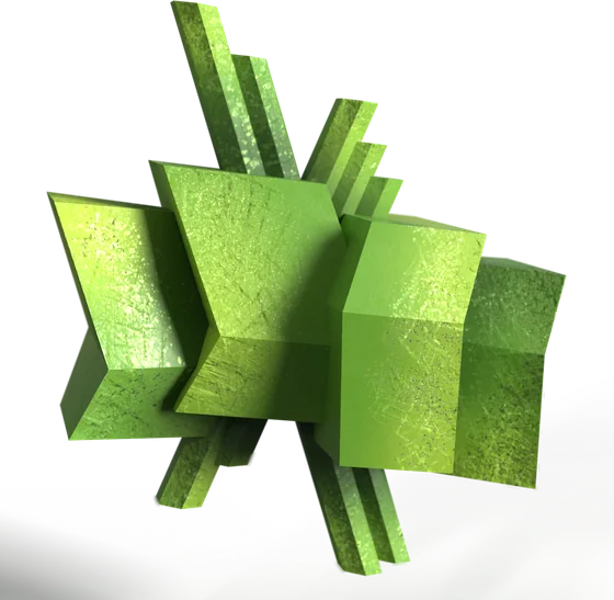 An angular creature shell built from stacked slabs.