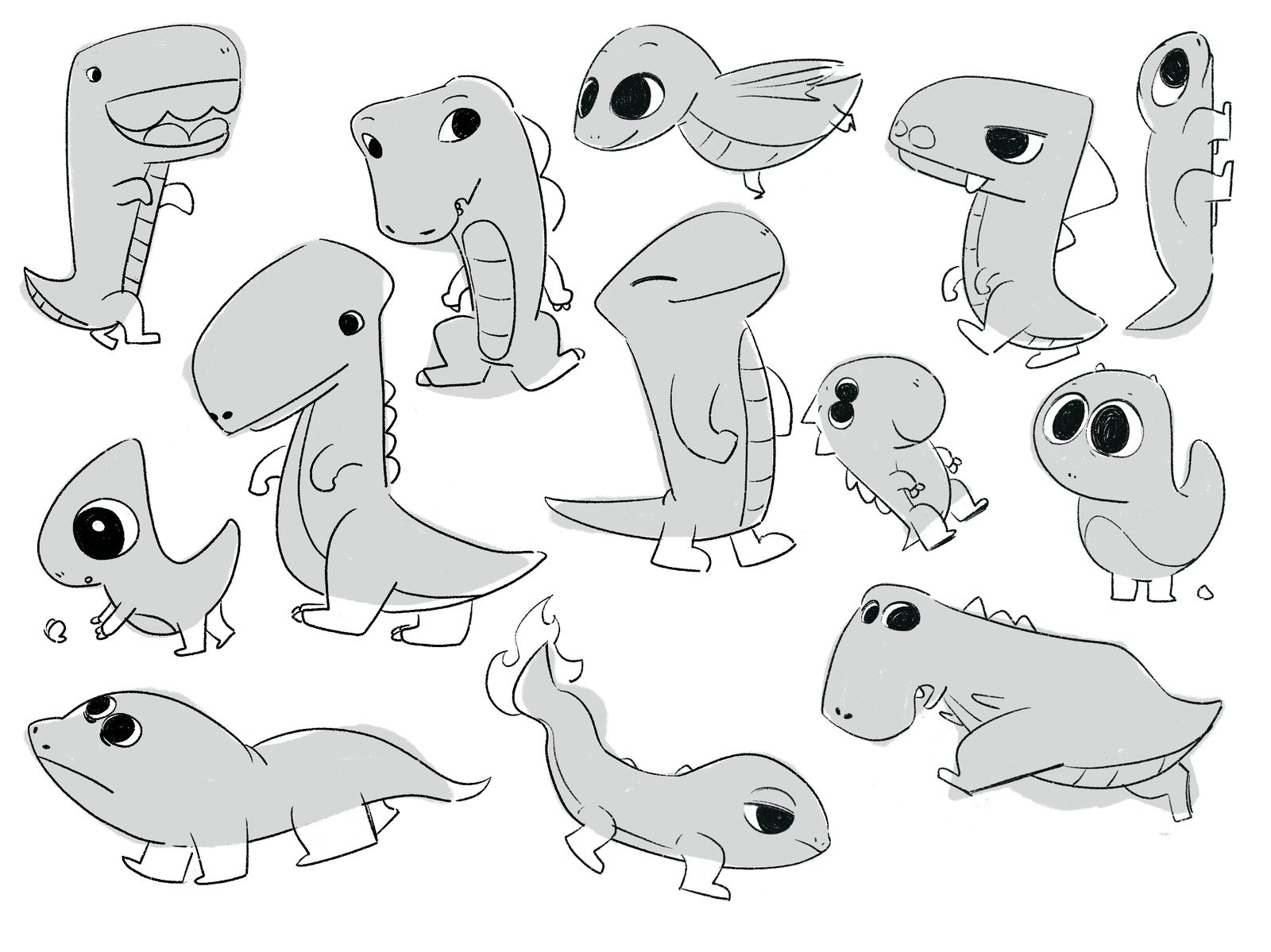 Character development sheet showing early creature silhouettes and proportion studies.